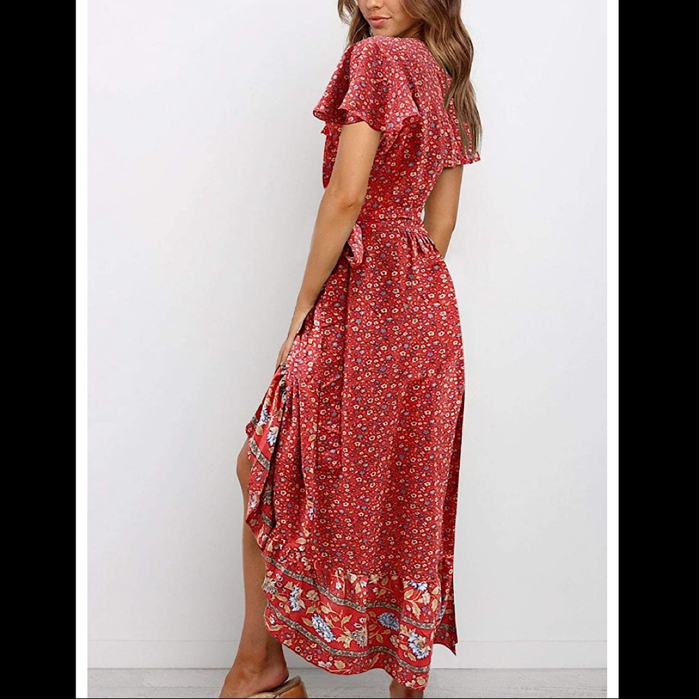 🆕Floral Wrap V Neck Beach Flowy Ruffle Midi Dress - Picture 2 of 2